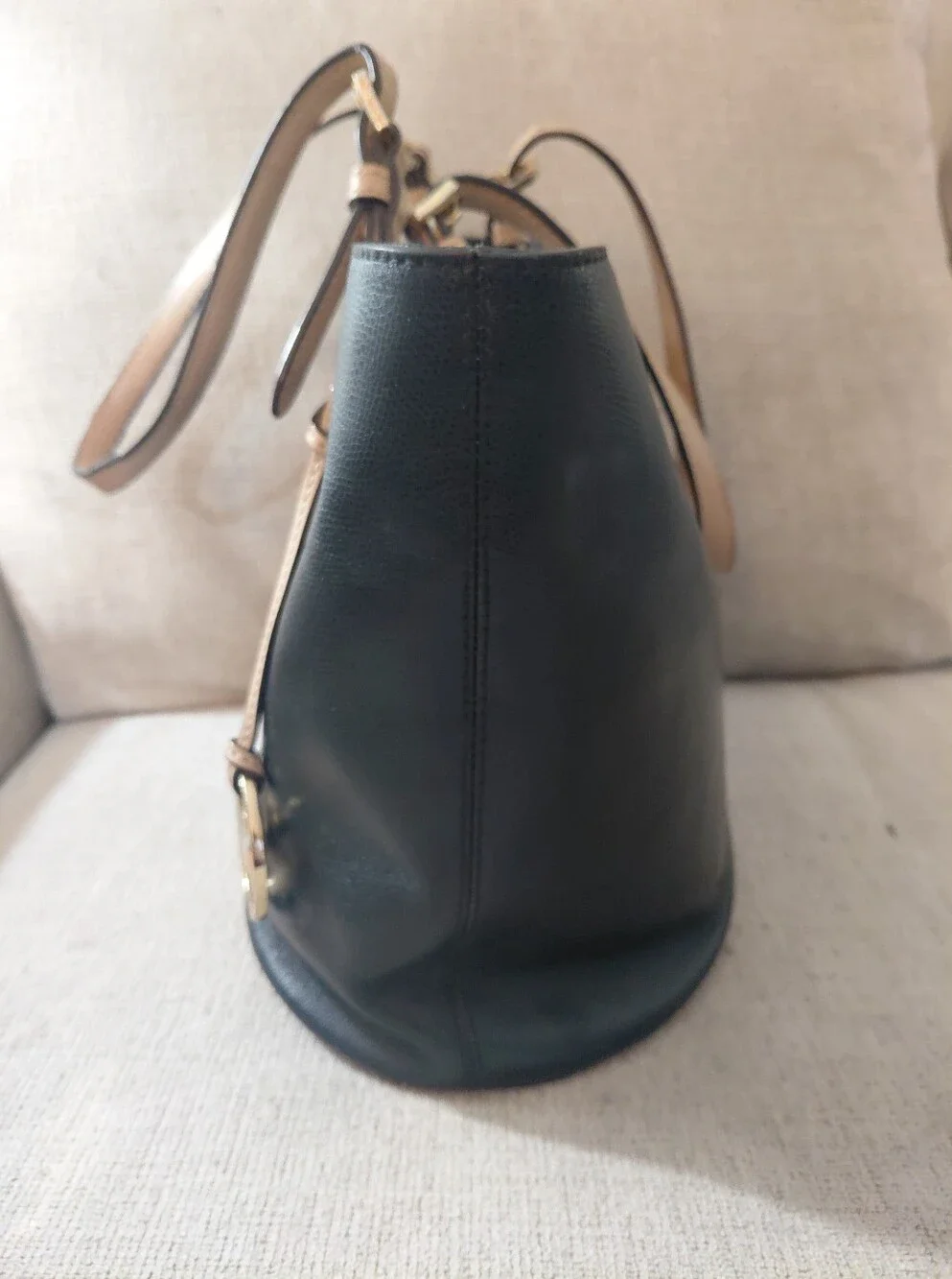 Michael Kors Black Leather Tote Shoulder Bag with Gold Emblem